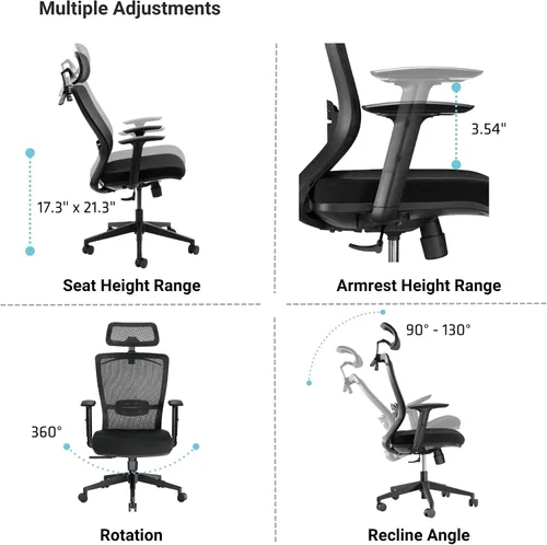 Vista 5 de Progressive Desk Ergo Glyder - Silla de aire ergonómica de malla de malla con brazos ajustables y reposacabezas - Silla de computadora con postura