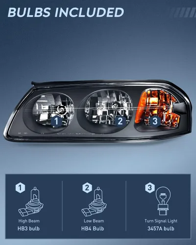 Vista 2 de Nilight Conjunto de faros compatible con 2000 2001 2002 2003 2004 2005 Chevy Impala Faro de repuesto con carcasa negra y reflector ámbar
