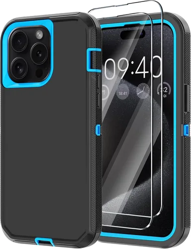 Vista 10 de Funda para iPhone 15 Pro Max con 2 protectores de pantalla, protección contra caídas a prueba de golpes, cuerpo completo, resistente, 3 capas, Negro