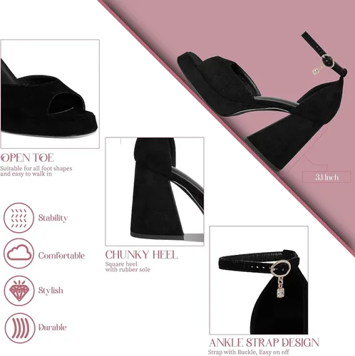 Vista 4 de Tacones de plataforma negros para mujer, punta abierta redonda, tacones altos gruesos, zapatos de tacón alto con diamantes de imitación, zapatos