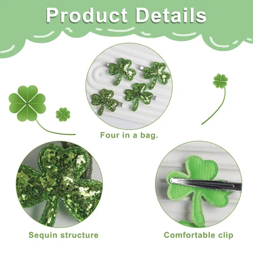 Vista 4 de Totelux Pinzas para el cabello del día de San Patricio, pinzas de trébol con lentejuelas y trébol verde irlandés, pinzas de cocodrilo con purpurina