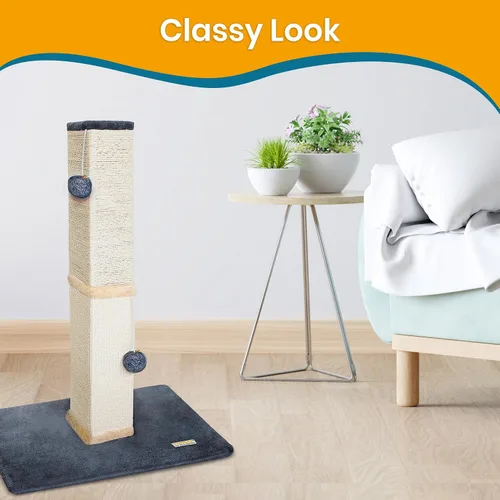 Vista 7 de Pawbee Torre rascador para gatos de 32 pulgadas con cascabeles y bolas de felpa, torre de sisal con base más grande para una mejor estabilidad, Beige