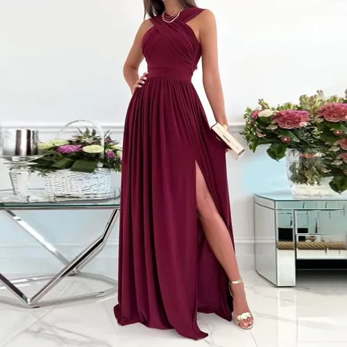 Vista 2 de Vestido de verano para mujer, sin mangas, elegante, con abertura, largo, vestido de fiesta, talla grande, vestidos de graduación