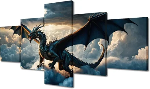 Vista 94 de Lienzo decorativo para pared de sala de estar, lienzo de dragón, 5 paneles, dragón verde, decoración de pared para el hogar, decoración de pared