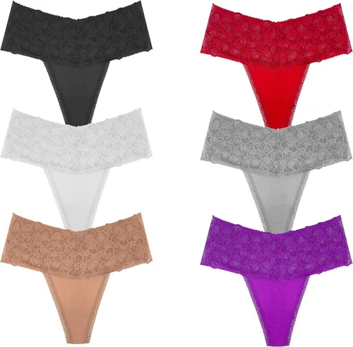 Vista 6 de Paquete de 6 tangas de encaje de cintura alta para mujer, ropa interior de algodón de talla grande, estilo retro, control de abdomen, tangas