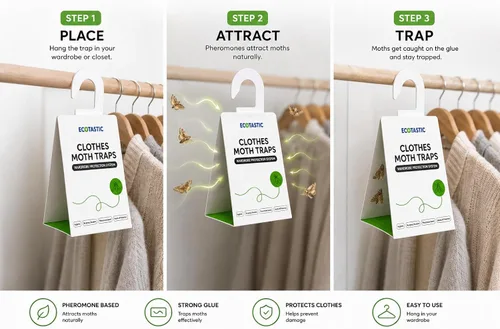 Vista 3 de Trampas para polillas de ropa, 6 unidades, plegables, control de complicaciones ecológico, tecnología de feromonas, bolas de naftalina de armario