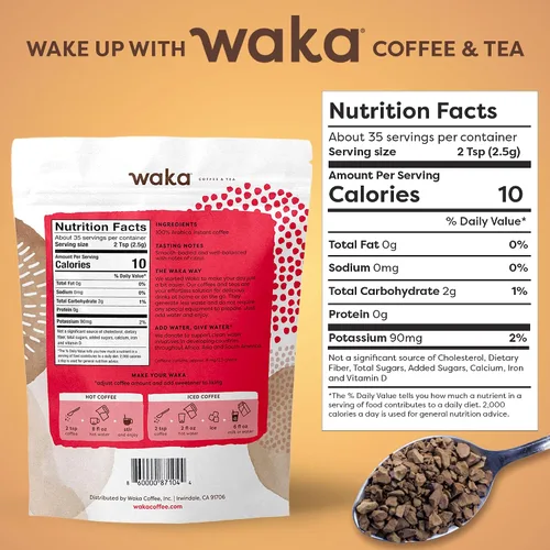 Vista 2 de Waka - Café instantáneo de calidad, tostado medio descafeinado, granos arábica y liofilizados. Bolsa de 35 porciones para café instantáneo caliente
