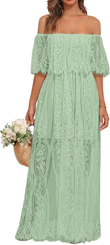 Vista 7 de Holipick Vestido Maxi de Encaje con Hombros Descubiertos para Mujer Estilo Boho Invitada de Boda Dama de Honor Playa Vestido Largo Formal Beige