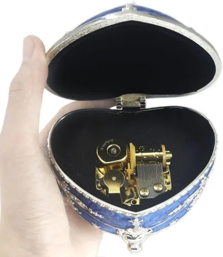 Vista 2 de ROSIKING Caja de música de aleación de metal en relieve en forma de corazón azul, caja musical antigua para joyería con cuerda, regalos