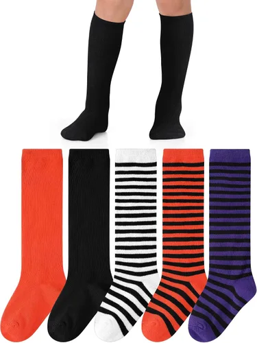 Vista 6 de Foaincore 5 pares de calcetines de Halloween para bebé, calcetines largos a rayas de bruja para recién nacidos, calcetines de algodón sin costuras