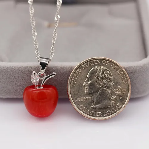 Vista 5 de Uloveido Juego de collar y aretes de manzana para mujeres y niñas, bonito juego de joyas de manzana para profesora, mamá YL007, Cristal, Circonita