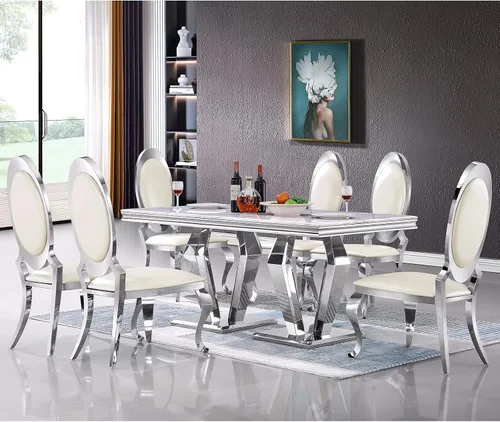 Vista 9 de ACEDÉCOR Juego de 4 mesas de comedor, mesa rectangular con parte superior textil, base geométrica de metal y 4 sillas de comedor de piel sintética
