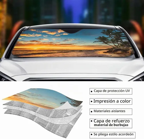 Vista 4 de Parasol de parabrisas con palmera de playa Hawaii tropical costa de verano amanecer, protector frontal plegable, visera solar para automóvil que