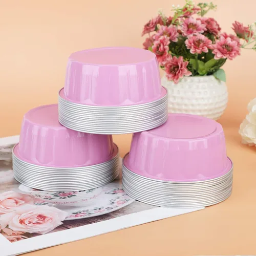 Vista 6 de Beasea - Vasos de aluminio con tapas, 8 onzas, paquete de 100 moldes desechables de 3.9 pulgadas, para hornear ramekin, taza de soufflé rosa