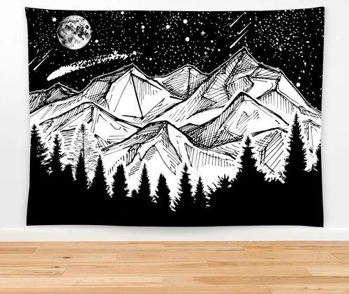 Vista 4 de feelacle Tapiz de luna de montaña, cielo nocturno estrellado, 60 x 40 pulgadas, blanco y negro, decoración de fiesta para dormitorio, sala de estar