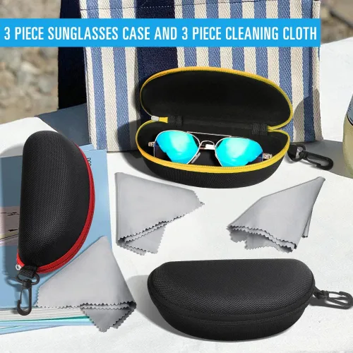 Vista 2 de Paquete de 3 fundas de gafas de sol portátil con cremallera de viaje con paño de limpieza