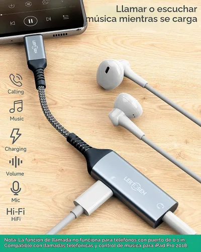 Vista 2 de LERTOSEN Adaptador USB C a 3.5mm para Auriculares y Cargador, 2 en 1 USB C a Conector de Audio Auxiliar con Cable de Carga Rápida PD para iPhone 17
