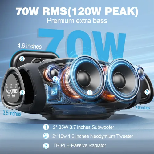 Vista 2 de W-KING Altavoces Bluetooth portátiles con micrófono inalámbrico, (pico de 120 W) 70 W altavoz para exteriores Bluetooth inalámbrico impermeable