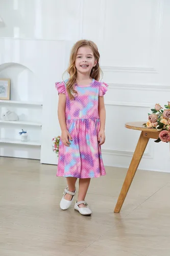 Vista 2 de Vestido de unicornio casual con mangas con vuelo para niñas pequeñas, vestido de verano para fiesta de cumpleaños, vestidos de verano de 1 a 8 años