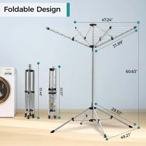 Vista 4 de JS HANGER Estante de secado de ropa portátil para interiores y exteriores con 4 brazos giratorios para perchas, 4 patas, paraguas plegable, secadora