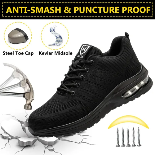 Vista 2 de Zapatos de punta de acero para hombres y mujeres, zapatos de trabajo ligeros y cómodos, indestructibles, antideslizantes, zapatos de seguridad