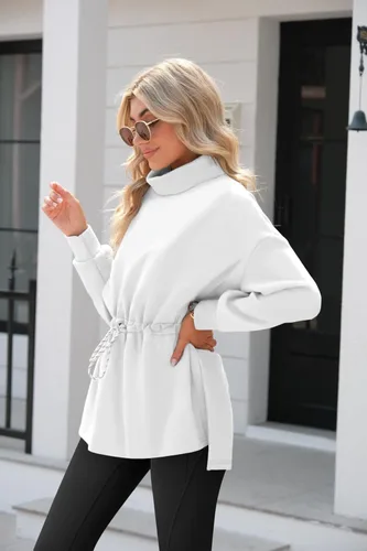 Vista 4 de Doshoop Sudaderas de cuello alto para mujer, de manga larga, con abertura lateral, con cordón en la cintura