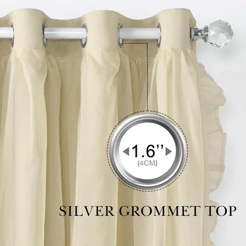 Vista 5 de PONY DANCE 100% Blackout Beige Curtains for Bedroom, Double Layer Room Darkening Drapes with White Ruffle Sheer Overlay, Boho Living Room Decor