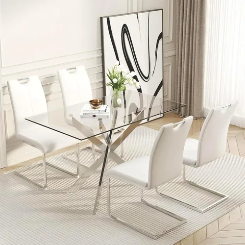 Vista 22 de Juego de mesa de comedor de vidrio de 51 pulgadas para 4 personas con tapa de vidrio templado, color negro Patas de metal negro, sillas de cuero