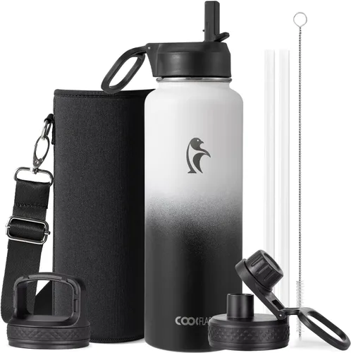 Vista 46 de Coolflask Botella de agua de 20 onzas aislada con pajilla, 3 tapas de metal de acero inoxidable, botella de agua de boca ancha para deportes u