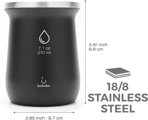 Vista 3 de BALIBETOV - Juego de yerba mate de 8.7 onzas líquidas, taza mate, 2 bombillas y cepillo de limpieza, aislado al vacío, sin BPA, fácil de limpiar
