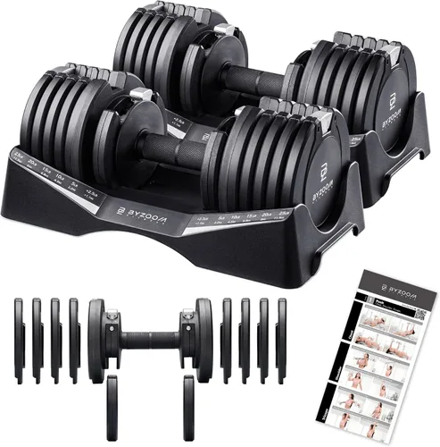 Vista 9 de ByZoom Fitness - Mancuerna ajustable de 12.5/25 libras – Unidad individual O juego de 2 – Peso ajustable 5-en-1 para gimnasio en casa, entrenamiento