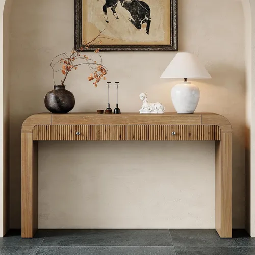 Vista 44 de 50" Modern Art Sculptural Console Table, Oval Cutout Legs, Wood Veneer, Thick Rounded Tabletop, Contemporary Entryway Sofa Table for Living Room