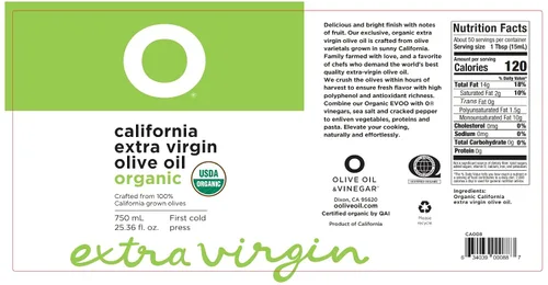 Vista 4 de Botella de vidrio de aceite de oliva virgen extra orgánico California de 25.4 onzas líquidas por O Olive