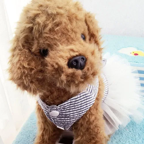 Vista 7 de Vestidos para Perros, Ropa de Mascota a la Moda, Vestidos de Princesa para Cachorros con Rayas y Malla (Azul, XS)