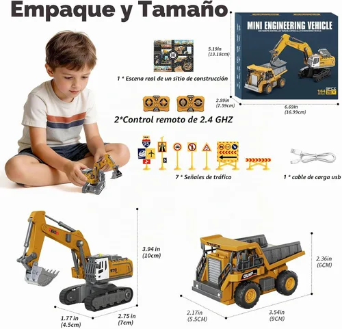 Vista 2 de 2 PCS Mini RC Vehículos de Construcción Juguete 1:64 Excavadora y Camión Excavadora y camión volquete