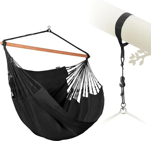 Vista 25 de LA SIESTA® - Silla Hamaca Grande y Cómoda de Algodón Habana & CasaMount - Silla Colgante con Kit de Suspensión para Paredes, Techos y Vigas Café