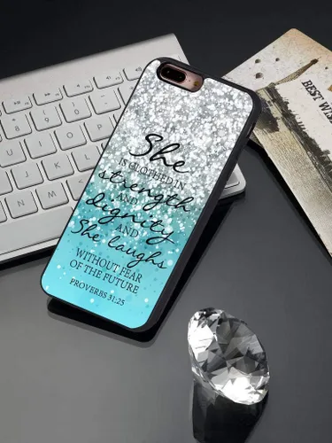 Vista 3 de Funda para iPhone 7 Plus, iPhone 8 Plus, citas con purpurina azul, versículo bíblico Proverbios 31:25, diseño delgado, resistente a los impactos