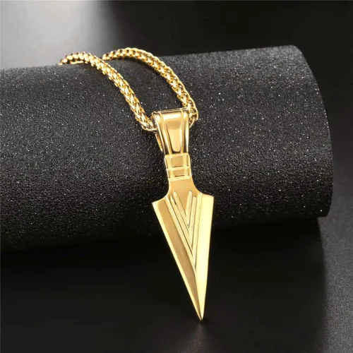 Vista 3 de U7 - Collar con colgante de acero inoxidable para hombre, diseño de punta de lanza, punta de flecha, dientes de lobo, con servicio de grabado