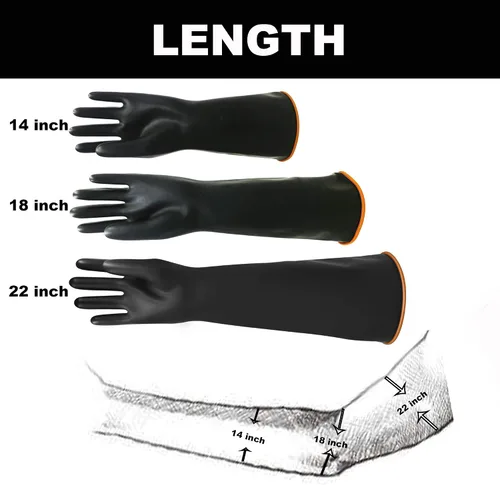 Vista 4 de Guantes de látex resistentes, 14, 18, 22 pulgadas, guantes de goma industriales impermeables para trabajo, color negro, talla XL