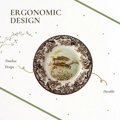 Vista 6 de Spode Woodland Bass Plato de Ensalada - 8" Loza Fina, Hecho en Inglaterra, Diseño de Pez de Caza con Borde de Flores Británicas para Ensaladas