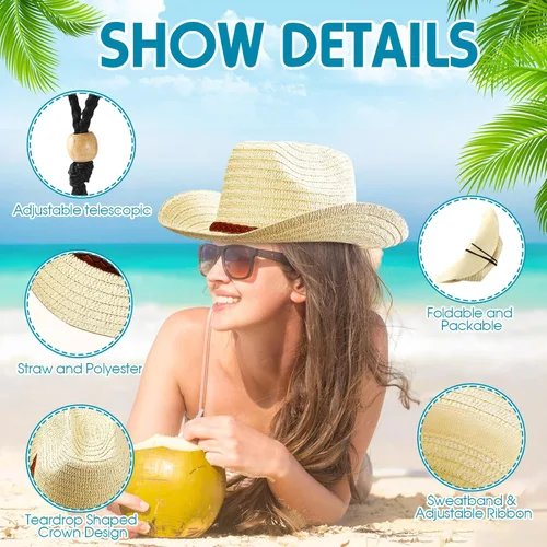 Vista 6 de SATINIOR - Juego de 12 sombreros de vaquero de paja y bandanas para fiesta, sombrero de vaquero para fiesta, disfraz y bandana, accesorios