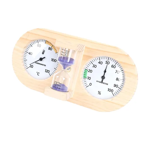 Vista 9 de Haofy Wooden Sauna Thermometer Hygrometer, Dual Dial Design with Sand Timer Function for Home and Commercial Sauna Rooms