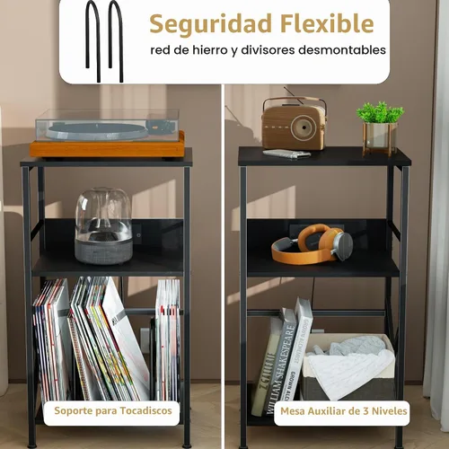 Vista 5 de DALEMHOME Soporte para tocadiscos con estación de carga, mesa auxiliar de 3 niveles para almacenamiento de 100 vinilos, mesa auxiliar para sala