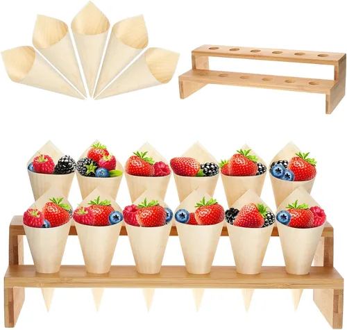 Vista 8 de Queekay - 100 conos de charcutería con soporte para conos de alimentos, curvos, bambú