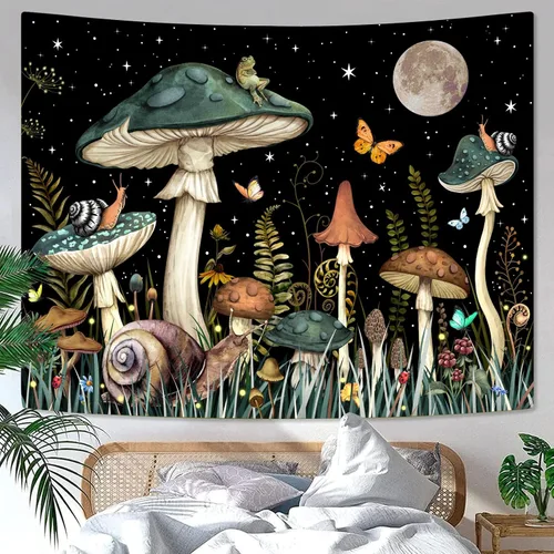 Vista 23 de Zussun Tapiz de hongo rojo, tapices de luna y estrella para dormitorio, estética de color beige, noche estrellada, planta verde, tapiz de pared