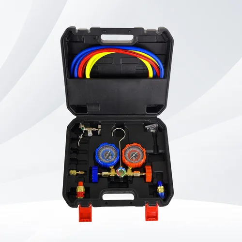 Vista 3 de Bomba de vacío de una sola etapa de 3.5CFM 1/4HP con manómetro múltiple de 3 vías para refrigeración HVAC, compatible con R12, R22, R134A, R502