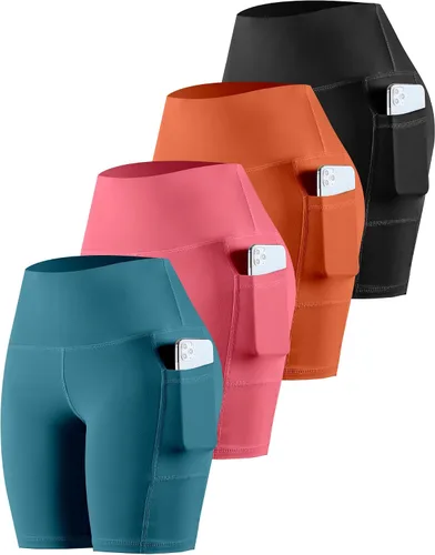 Vista 36 de CHRLEISURE - Pantalones cortos de ciclismo para mujer con bolsillos de licra, cintura alta, con control de abdomen para entrenamiento, yoga