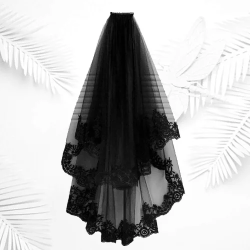 Vista 3 de NUOBESTY Velo de novia negro con peine velo de catedral nupcial velo de boda peine para el cabello de Halloween decorativo para novias y mujeres