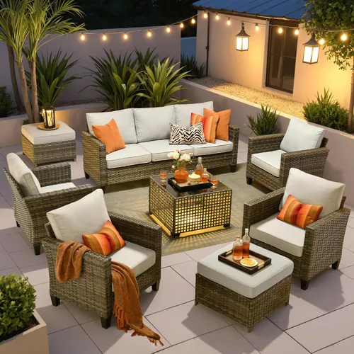 Vista 30 de ovios Juego de muebles de patio de 4 piezas con sofá de exterior, luces solares, mesa, cojines cómodos, sofá de conversación de mimbre de ratán