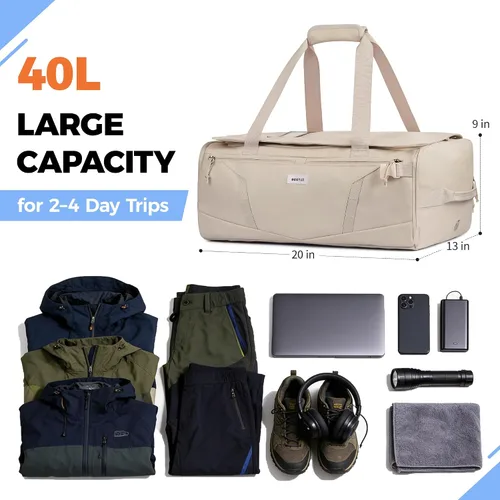 Vista 2 de Mochila de lona resistente al agua 40L con compartimento para zapatos y bolsillo húmedo Beige